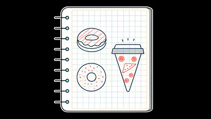 notebook doodles Notebook illustration featuring fun food sketches of donuts and pizza slice.