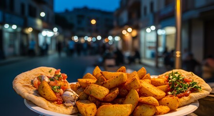 Street food with potato wedges and flatbread