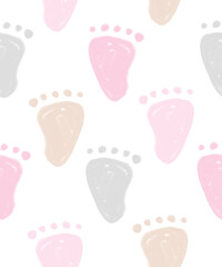 Cute Hand Drawn Baby Shower Wallpaper. Pink, Gray And Beige Little Baby Feet Isolated on a White Background. Seamless Vector Pattern with Little Baby Feet Ideal For Baby Girl.
