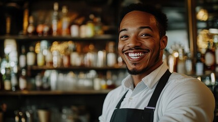 Smiling bartender wearing an apron, representing the spirit of small business entrepreneurship