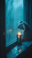 A lonely koala sitting by a foggy window, gazing outside, with a flickering candle casting a warm, soft glow. The melancholic atmosphere is accentuated by the cold blue tint and the quiet, reflective 