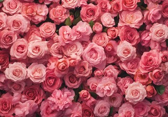 Fototapeta premium Beautiful Arrangement of Pink Roses in Full Bloom, Captivating Floral Background with Vivid Colors and Soft Petals for Elegant Decor and Inspiration