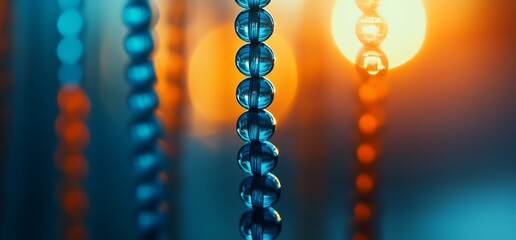 Abstract composition of illuminated glass beads reflecting light in a warm color scheme