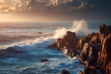 Coastal cliffs with crashing waves at sunset, drama