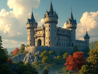 Obraz premium Epic low poly medieval castle surrounded by lush greenery and a dramatic cloudy sky