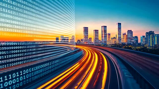 Futuristic cityscape at twilight with illuminated skyscrapers, light trails on a highway, and a digital binary code overlay