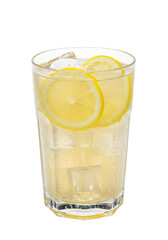 Fototapeta premium Refreshing yellow drink with lemon slices and ice cubes in clear glass, on dark backdrop