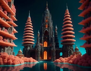 Obraz premium Fantasy Castle Landscape with Water Reflection