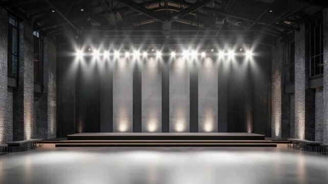 Modern industrial empty stage with dramatic lighting and minimalist design for performances, events, or presentations 4k video footage