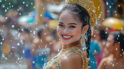 Fototapeta premium Songkran Festival Beautiful Woman in Traditional Thai Dress Water Splashing