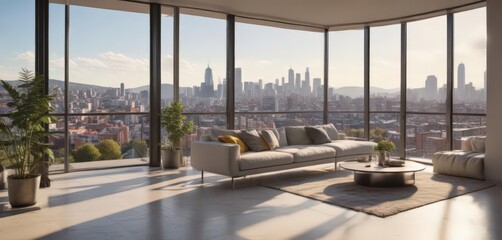 Fototapeta premium Sun-drenched modern apartment, panoramic city view from large window, design, bright, contemporary
