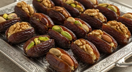 Obraz premium Stuffed dates with nuts on silver tray