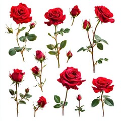 Beautiful Collection of Red Roses with Buds and Blooms on White Background for Floral Arrangements and Design Projects
