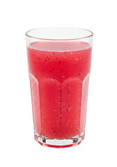 Refreshing pink drink in glass, with small dark seeds. Cool, fruity and vibrant