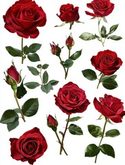Beautiful Collection of Vibrant Red Roses with Green Leaves, Perfect for Floral Arrangements and Design Inspirations