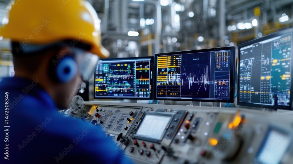Poster a skilled operator monitors multiple control screens in a high-tech industrial environment. the focu