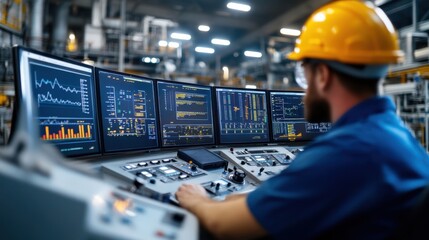 An industrial operator analyzes multiple screens filled with data and graphs in a modern manufacturing facility. The operator wears a safety helmet and blue uniform