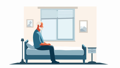 Fototapeta premium Elderly man reflecting in hospital room, solitude and serenity