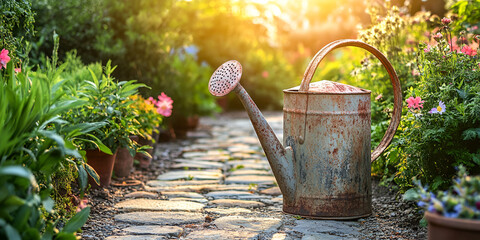 Rusty Watering Can in Blooming Meadow

