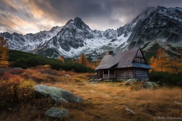 Autumnal mountain landscape with a rustic cabin