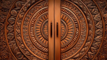 Obraz premium Intricate Wooden Door Carving: Close-up view of an intricately carved wooden door, showcasing a mesmerizing mandala-like design. The rich.