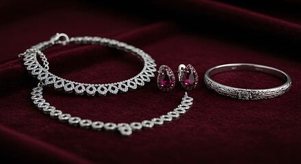 Elegant Jewelry Set with Diamonds Necklace Bracelet Ring and Earrings on Velvet Background High-Value Fashion Accessories Perfect for Romantic Occasions or Luxury Gifts