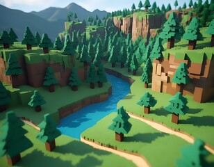 Low Poly Landscape with River and Trees