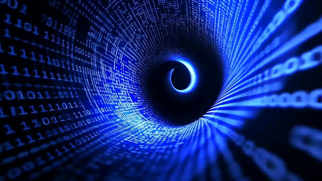 Glowing blue binary code swirls into a digital vortex, representing data flow or cyberspace