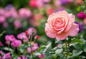 Beautiful Pink Rose Flower Blooming in Garden Surrounded by Variety of Colorful Roses and Green Leaves in Soft Natural Light