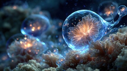 Naklejka premium glowing data bubbles rising from a coral reef, symbolizing oceanic data flow 