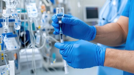 A healthcare professional in gloves prepares a vaccine with a syringe in a busy medical facility filled with equipment during the afternoon