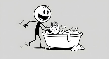 Naklejka premium Stick Figure Bathing a Cat: Cartoon Line Art