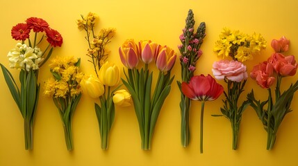 Obraz premium Photograph of flat lay photograph showcases diverse spring flowersâ€”tulips, daffodils, roses, and moreâ€”against a...