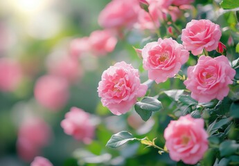 Beautiful pink roses blooming in a garden with soft sunlight illuminating delicate petals and lush green leaves creating a serene atmosphere of nature