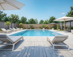 Fototapeta premium Contemporary Pool Area with Sun Loungers and Greenery Surrounded by Trees