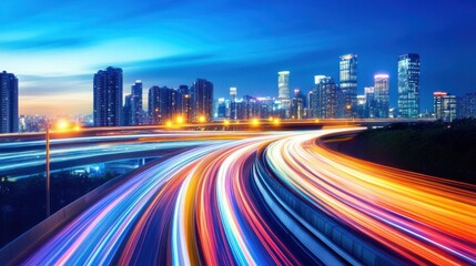 Fototapeta premium Futuristic City Skyline with Light Trails at Dusk and Twilight Glow