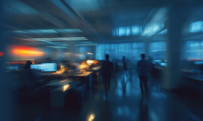 Fototapeta premium Blurred interior view of a modern office at night.