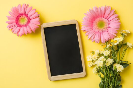 Pink Gerbera Daisies Flowers Blackboard Yellow Background - Powered by Adobe