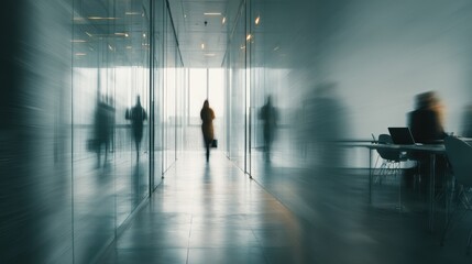 Modern interior passageway with blurred figures.