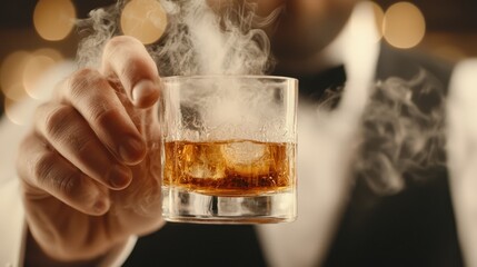A person in formal attire holds a smoky glass of whiskey with ice, creating a sophisticated and atmospheric scene.