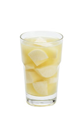Refreshing glass drink; white cubes suspended in clear liquid, creating crisp, minimalist drink