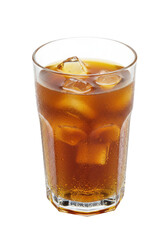Refreshing iced beverage in clear glass with ice cubes on black background - cool and thirst-quenching