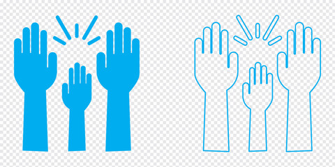 Raise hand symbols. Raised hands icon. Hand sign. Symbol or logo of peoples, community, organization, democracy, donation, charity. Vector stock graphic design in flat style isolated on white.