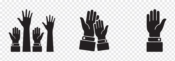 Raise hand symbols. Raised hands icon. Hand sign. Symbol or logo of peoples, community, organization, democracy, donation, charity. Vector stock graphic design in flat style isolated on white.