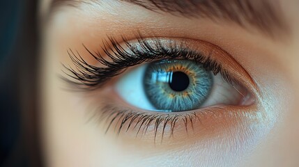 Fototapeta premium Close-up of a woman's eye. Detailed view of the eye's structure, with vibrant blue colour and long lashes