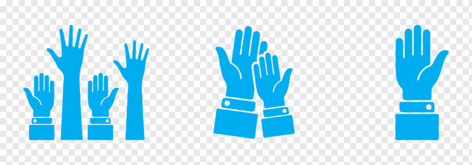 Raise hand symbols. Raised hands icon. Hand sign. Symbol or logo of peoples, community, organization, democracy, donation, charity. Vector stock graphic design in flat style isolated on white.