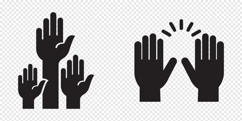 Raise hand symbols. Raised hands icon. Hand sign. Symbol or logo of peoples, community, organization, democracy, donation, charity. Vector stock graphic design in flat style isolated on white.