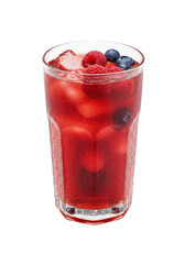 Berry drink in a tall glass with ice cubes, raspberries, blueberries, and a strawberry