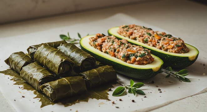 Stuffed zucchini and dolma on white background