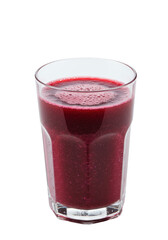 A vibrant purple smoothie with a frothy top, inside a clear glass on a black backdrop